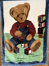 VTG Blue Jean Teddy Bear Baby Blanket Minky BEAR Blocks BJT Satin Trim HTF 15582
