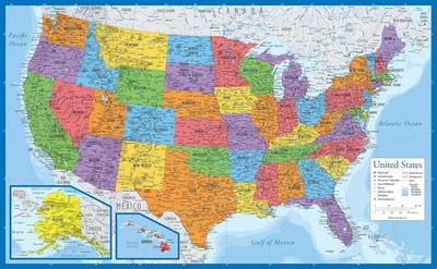Laminated USA Map - 18'' X 29'' - Wall Chart Map of the United States of America -
