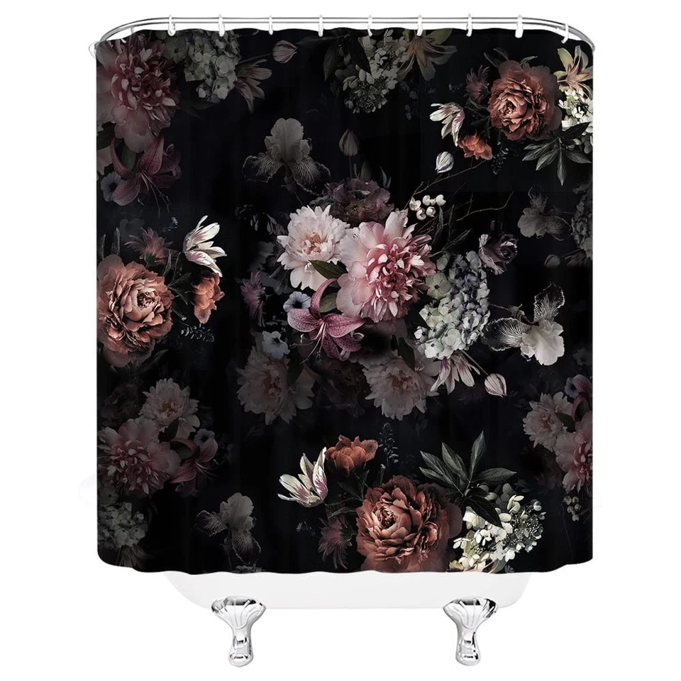 Boho Floral Shower Curtain 70x70", Black Pink Watercolor Flowers, Hooks - Image 3 of 4