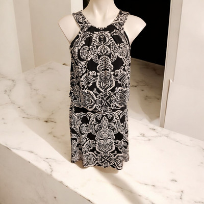 white house black market designer dresses White House Black Market Women's Ecru Violet Floral A-Line Dress NWT S