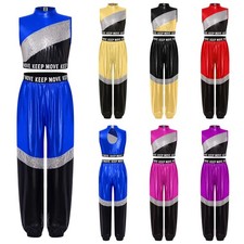 Kids Girls Suit Metallic Outfit Sleeveless Set Hip Hop Dancewear Crop Top Jazz