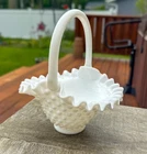 Vintage Fenton Hobnail White Milk Glass Basket w/ ruffled edge and handle AS IS