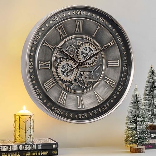 24 Inch Moving Gear Wall Clock, Industrial Steampunk Style, Silver Decor