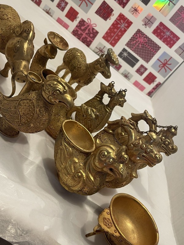 Set Of 11 Chinese Gild Dynasty 24k Gold/ Bronze Brass Drinking Vessel/Ewer/Myth