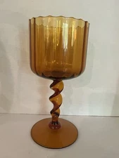 Vintage Twisted Ribbon Stem Yellow Amber Glass Compote Vase 9 3/4”