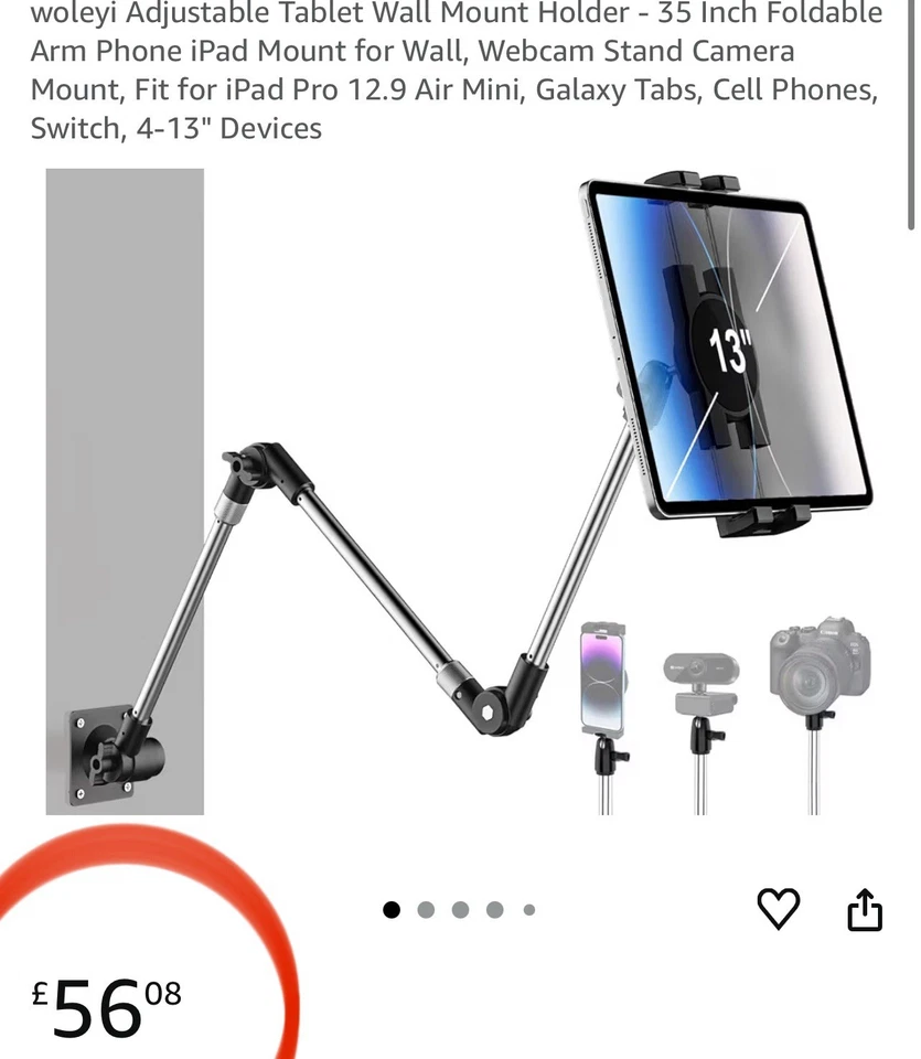 Wall Tablet Mount Phone Holder 360 Rotation GoPro Insta360 35in Long Metal Arm - Image 2 of 4