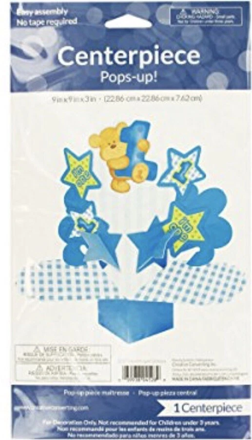 1st Birthday 9” Table Centerpiece Boy First teddy bear blue Pop-up pops-up! - Image 2 of 2