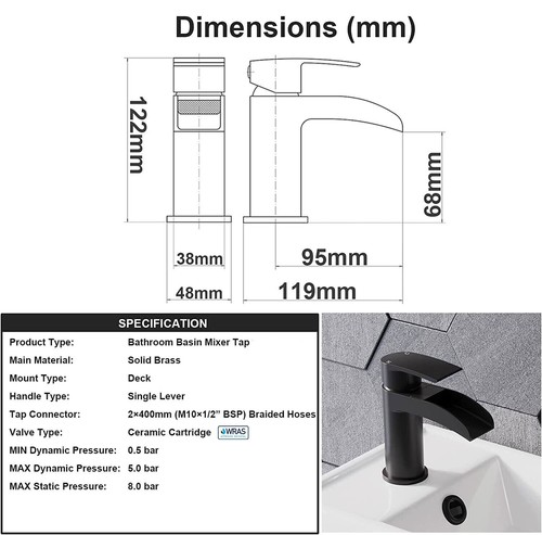 Waterfall Basin Mixer Taps Matte Black Bathroom Sink Taps Monoblock Single Lever - Picture 6 of 7