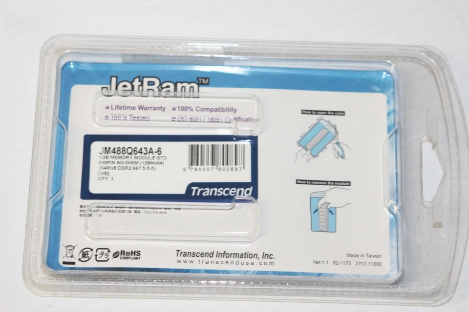 New - 1GB Transcend JetRAM DDR2 PC2-5300 SO-DIMM 667MHz CL5 Laptop Memory NIP - Image 4 of 4