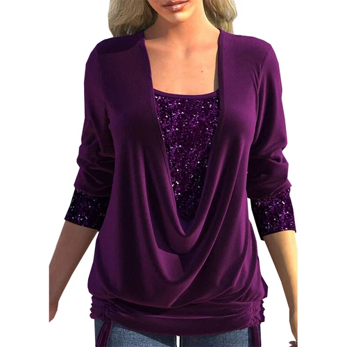 Womens Summer Tunic Tops Ladies Long Sleeve Sequins Shirts Blouse - Bild 10 von 19