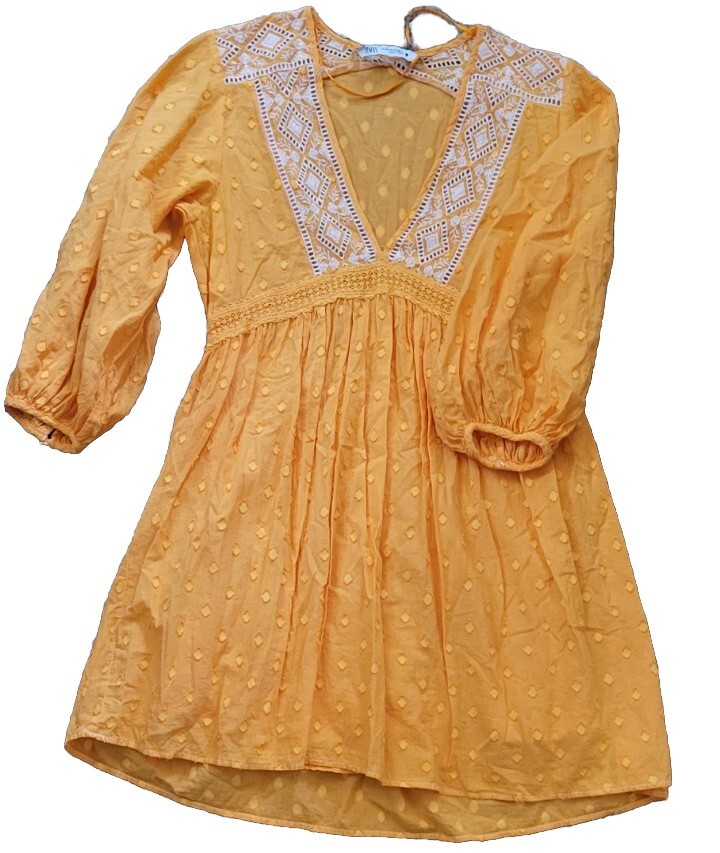 ZARA WOMAN COTTON DRESS WITH TASSELS AND EMBROIDERY OYSTER WHITE 6895/247 Siz XS | UK