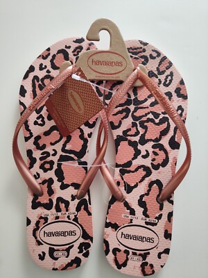 HAVAIANAS Slim Rose Pink Metallic Animal Leopard Flip Flops