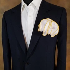 NEW - Men's 2-in-1 Pouf Round Pocket Square - White Satin with Yellow Trim