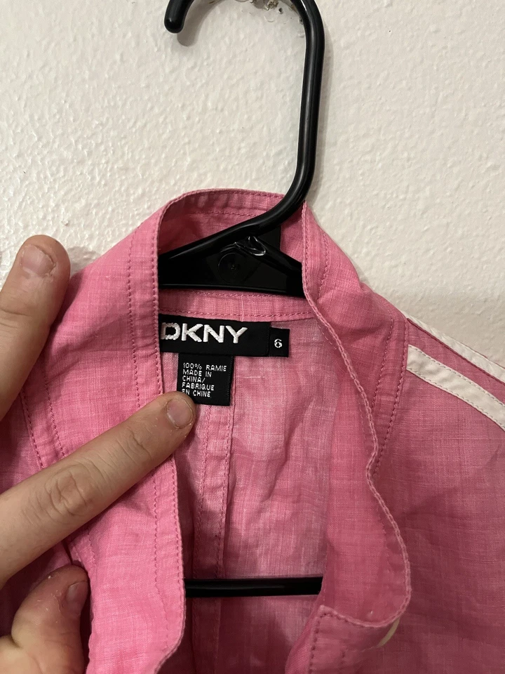 Jaqueta DKNY Donna Karan Nova York Vintage Retrô Rosa Quebra-Vento Linho Tamanho 6 - Imagem 2 de 4