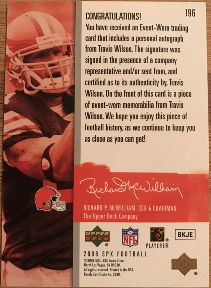 2006 SPx Rookie Jersey Autograph Travis Wilson #196 #’d 1357/1650 - Image 2 of 2