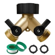 Garden Hose Splitter 2 Way with Valves and Rubber Washer, Y Brass Connector