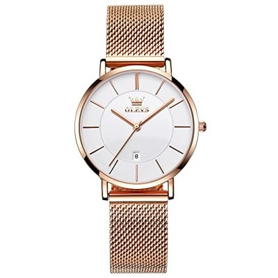  Women's Mesh Bracelet Watch, Elegant Large Face Three Hand 01 White/Rose Gold