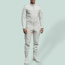 Men s Genuine Lambskin Leather Suit White Biker Jumpsuit Motorcycle Outfit