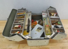 Vtg. Estate Simonsen Tackle Box Fishing Lures Trippe Reel Knife Flies Etc.