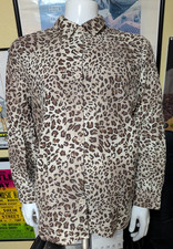Womens Cheetah Leopard Print Long Sleeve Button Down Collared Dress Shirt XL