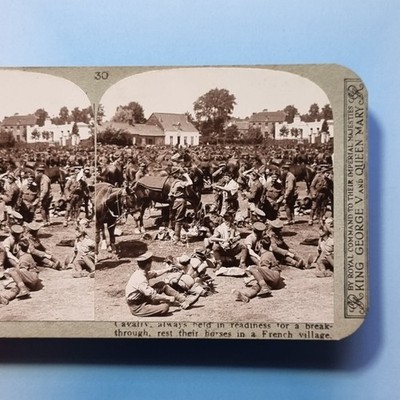 WW1 Stereoview 3D um 1916 Echtfoto Britische Kavallerie Rest vor dem Angriff Frankreich