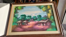 Large Painting African Art Village In The Forest Acrylic