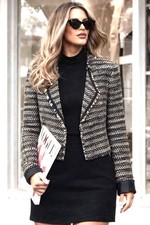 LOFT Blazer Size 12 Black Gold Green Tweed Boucle Open Front Lined Jacket