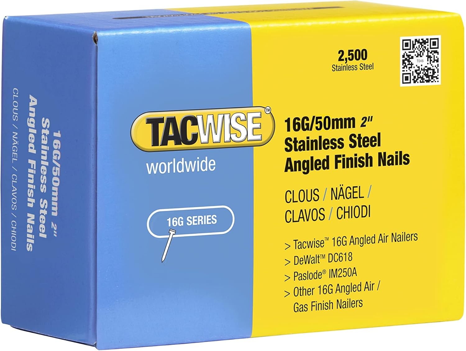 Tacwise 1225 Type 160 (16G) / 50 mm Stainless Steel Angled Finish Nails, 20° I