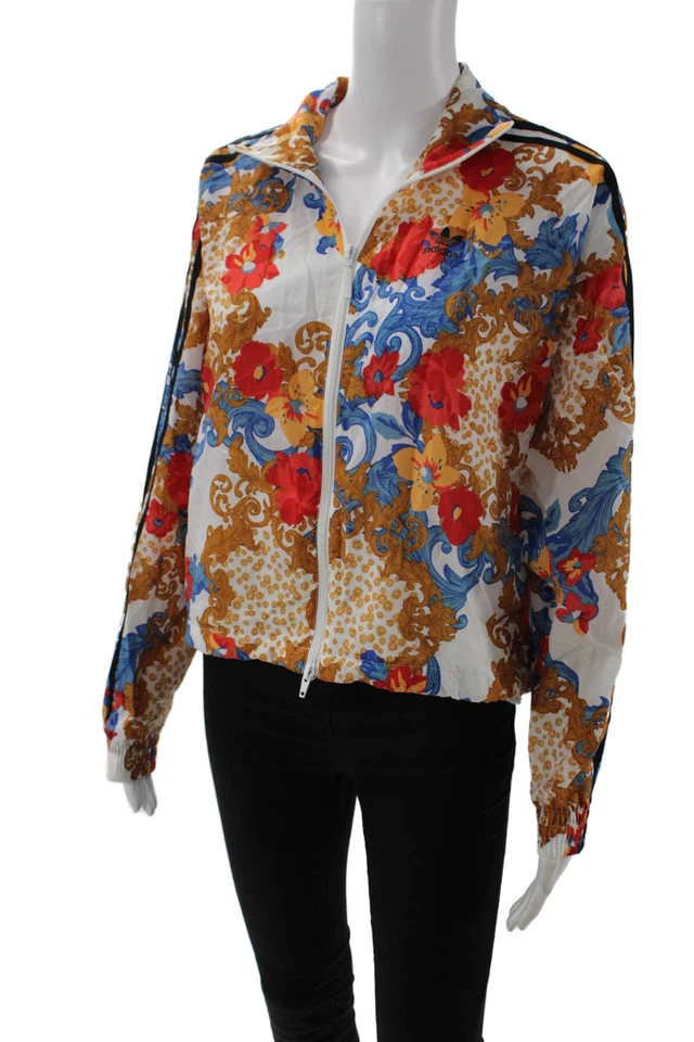 Adidas Women White Floral Windbreaker Jacket High Neck Zip Long Sleeve Size S - Image 2 of 4