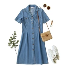 Vintage Sears Fashions Blue Denim Jean Button Down Midi Dress