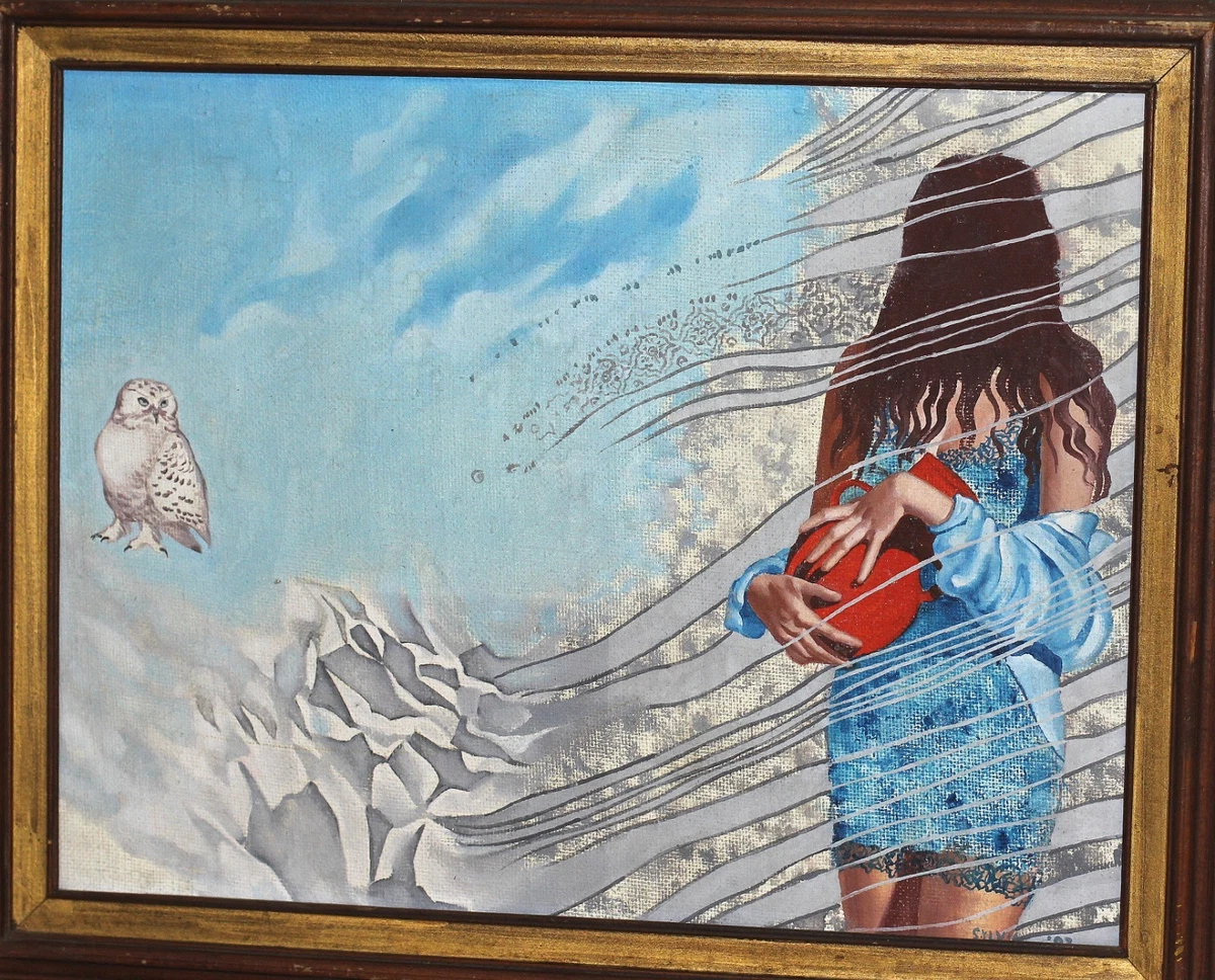 Beautiful Modern abstract oil painting Girl and Owl
