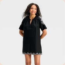 Universal Thread Black Embroidered Tunic Dress Short Sleeve V Neck Pockets M New