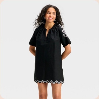 Universal Thread Black Embroidered Tunic Dress Short Sleeve V Neck Pockets M New