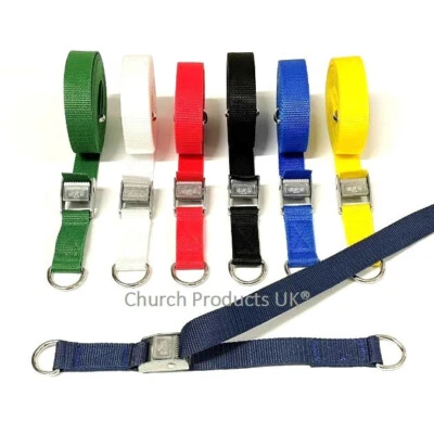 CHURCH PRODUCTS UK Metal Cam Buckle Strap With D-ring Each End Tie Down 25mm Webbing 1m - 3.5m