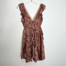 Express Dress Women XS Satin printed ruffled mini faux wrap v neck waist tie  B7