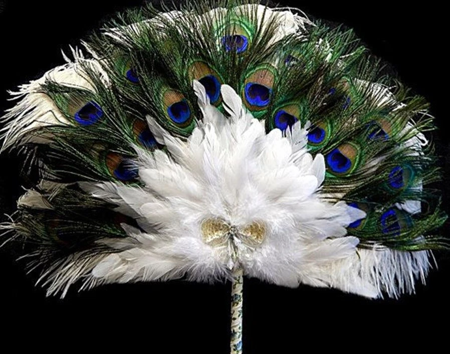 Victorian BLACK Peacock Feather Jeweled Bridal Fan 22X 24 Wedding USA MADE - Image 2 of 2