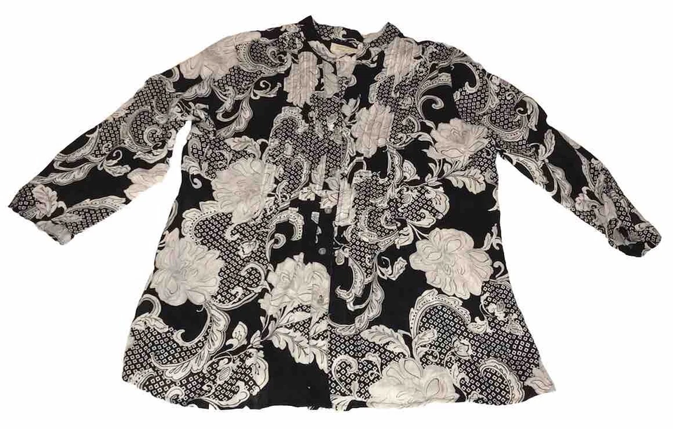 LINO CHARTER CLUB LUX PETITE PM TOP/BLUSA ABOTONADA NEGRA BLANCA 3/4 SLV USADA EN EXCELENTE CONDICIÓN Foto 2 de 4
