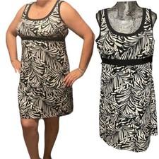 CHAPS Black White Sleeveless Sheath Dress Leaves Pattern Stretch Size 14