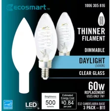 Ecosmart 60-Watt Equivalent Dimmable E12 Candelabra 3 Pack B11 Daylight Clear