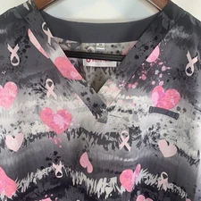 White Cross Scrub Top Sz M Breast Cancer Gray Pink Hearts Medical Uniform Nurse