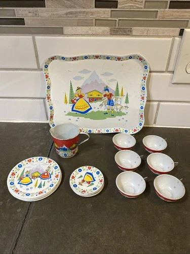 Vintage Ohio Art CO, Tin Swiss Alpine Child Tea Set Pc 24, Bryan Ohio