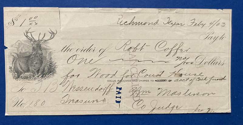 1903 Receipt for wood  for COURT HOUSE Richmond , Texas