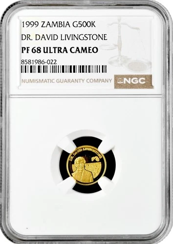 Zambia 500 kwacha 1999, NGC PF68 UC, "Dr. David Livingstone" gold coin