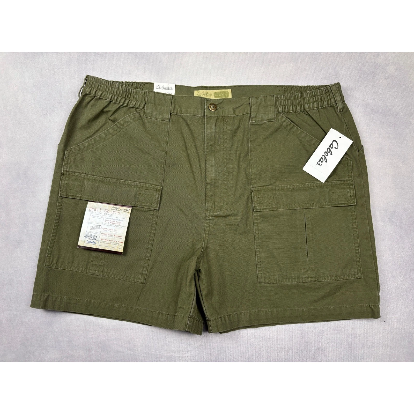 Cabelas Mens Trail Shorts Olive Green Cotton Canvas Cargo 42 Waist 5 Inseam NWT