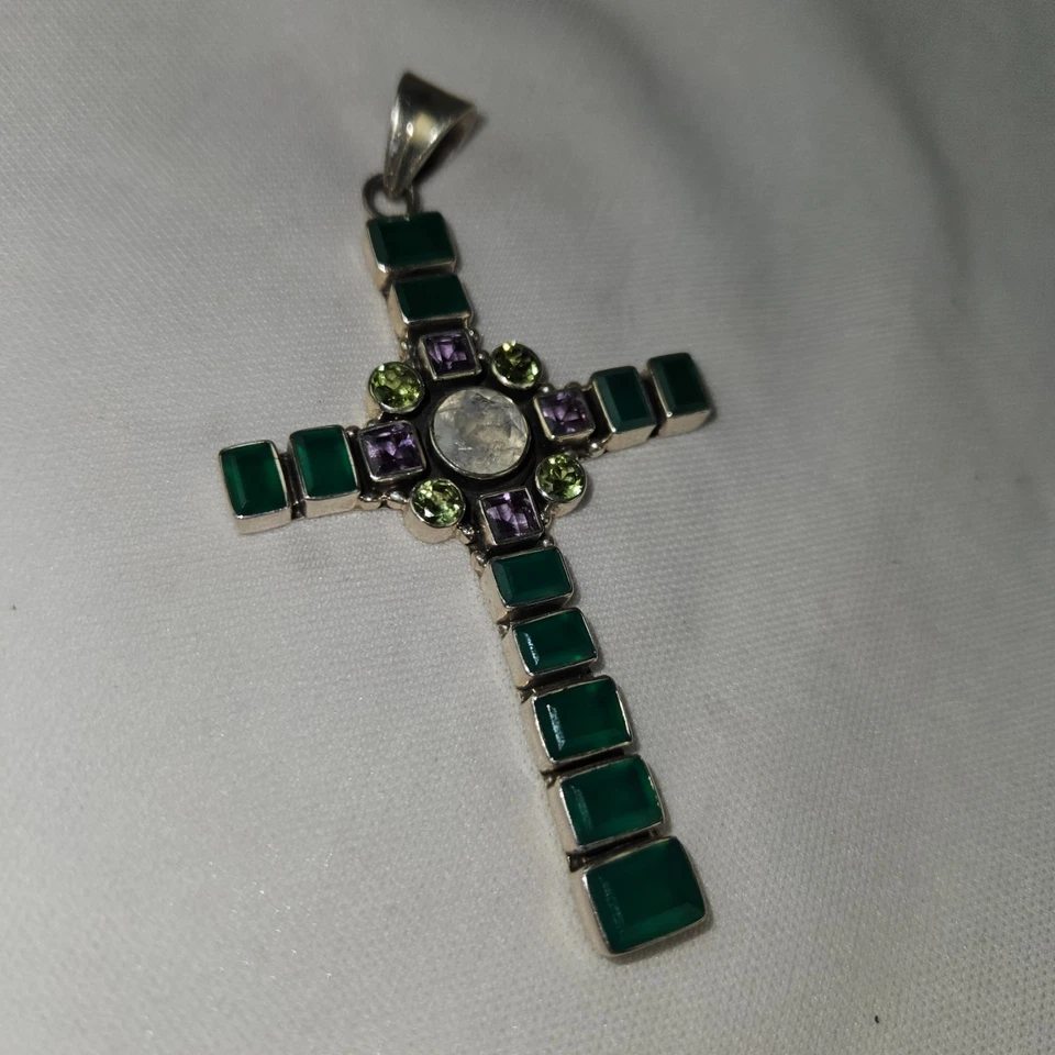Nicky Butler 925 Sterling Silver Green Multi Gemstone Cross Pendant RARE - Image 2 of 4