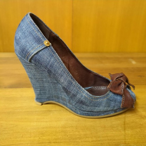 Miu Miu Blue Denim Wedge Peep-Toe Heels with Brown Leather Bows - EU 37 JAPAN - Picture 10 of 24