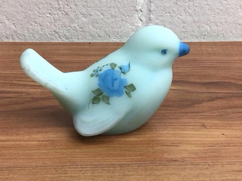 Fenton Blue Satin Bird Hand Painted Glass Vintage Figurine