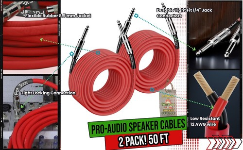 DJ Speaker Cables 50ft Cords 1/4 Male Jack FAT TOAD PA Audio Stage Studio Wires - Afbeelding 14 van 15