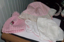 Lot 3 vintage baby bonnet hats pink white child or doll dressing NICE
