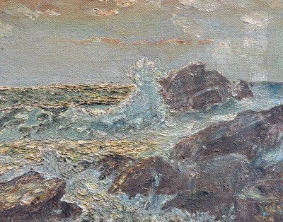 Seaview Waves Rocks - Painting Antique Original Signed